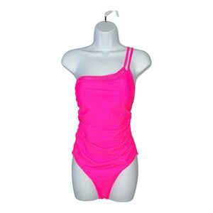 One Shoulder Hot Pink Swimsuit‎ Tummy Control One Piece Bathing Suit Large New